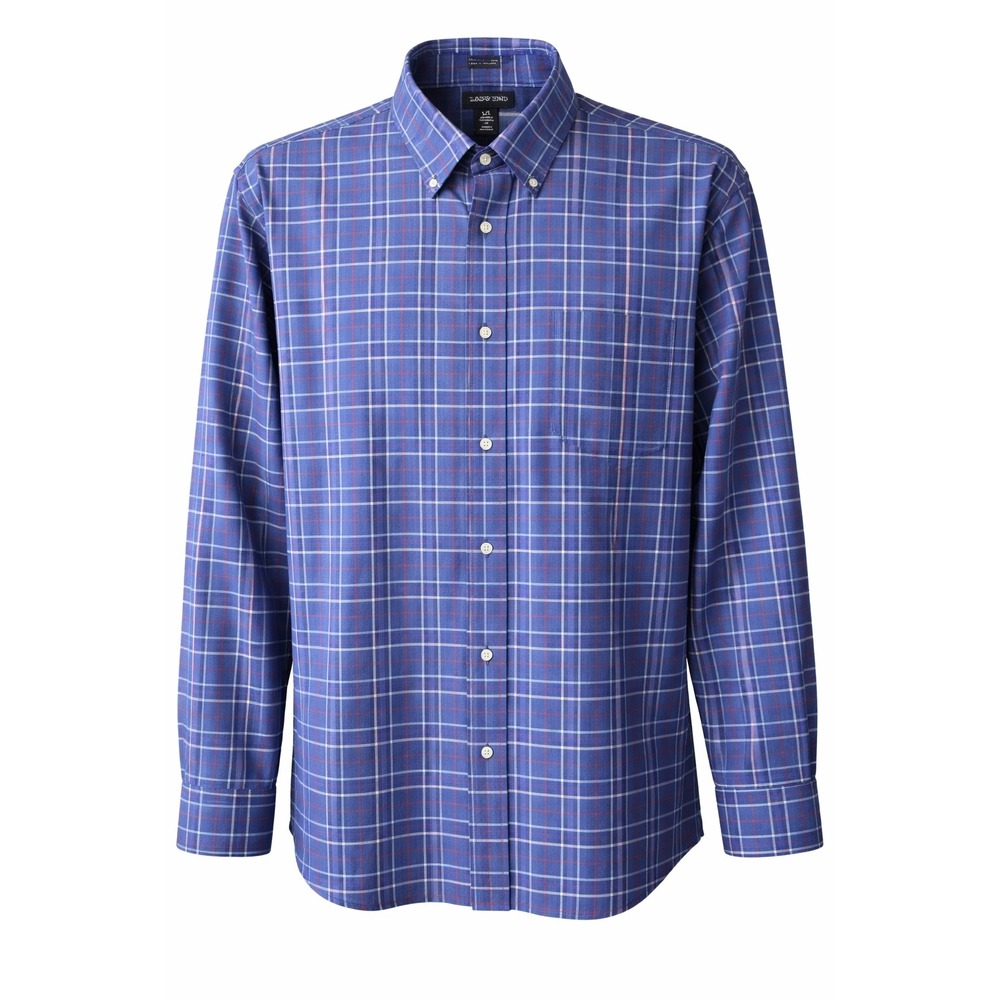 Lands End Button Down Shirt Mens L/T Blue Plaid No‎ Iron Twill Cotton 16-16 1/2